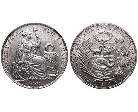 PERU. Republic, 1822-date. Silver 1 Sol, 1916 FG. LIBERTAD incuse. There are many varieties these coins produced between 1864