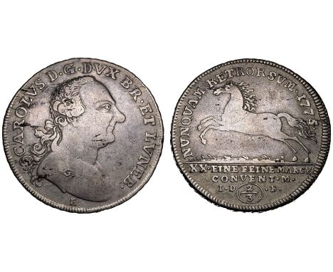 GERMANY. PRINCIPALITY OF BRUNSWICK-WOLFENBüTTEL. Karl I, 1735-80. Silver 2/3 Taler, 1775 E/IDB. Dresden. Obv: CAROLVS D.G.DVX