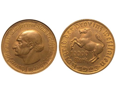 GERMANY. LANDESBANK DER PROVINZ WESTFALEN. Weimar Republic, 1918-1933. Gilt Bronze 10000 Mark, 1923. Obv: NOTGELD DER PROVINZ