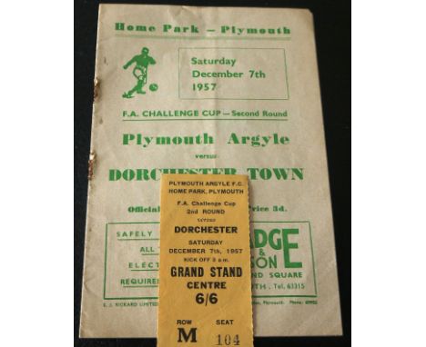 Plymouth Argyle v Dorchester FA Cup 1957-58
7th December 1957 2nd round match&nbsp;
Programme - Fold and staples rusty, Ticke