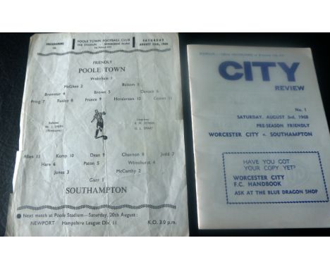 Southampton Pre-Season Away Games 1966-68
Poole 13th August 1966 single sheet with folds and small tears, Worcester City 3rd 