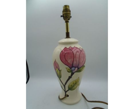Moorcroft Pink Magnolia Lamp Base, approx 39cm tall incl fitting, impressed and painted marks to base