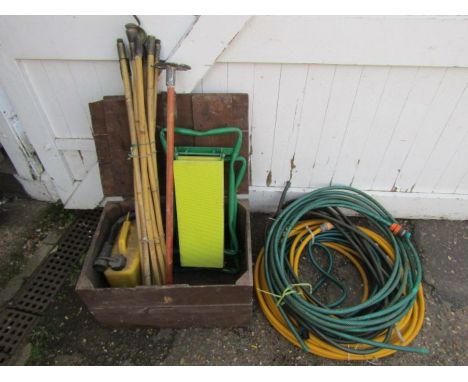 Vintage wooden box, drain rods and garden hoses etc&nbsp;