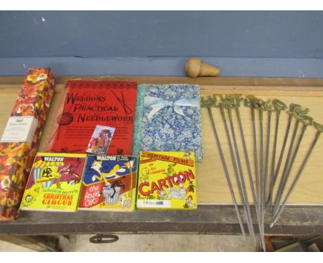 Brass skewers, 8mm reel films, vintage stationary set, needlework book etc