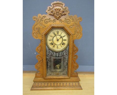 Wooden cased clock with key 58cmH