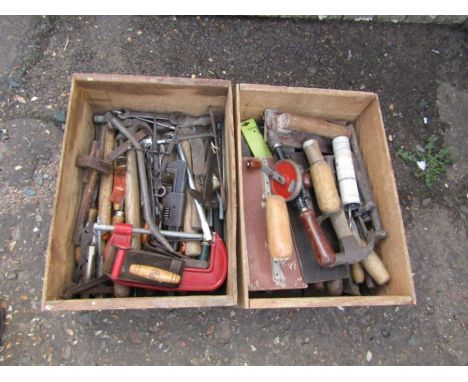 2 Wooden boxes of tools to include hammers and G-Clamp etc&nbsp;