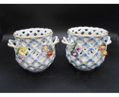 Pair of Dresden floral lattice&nbsp;jardinieres with applied flowers and shaped side handles, approx 9.5cm tall