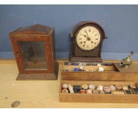 Pipe cupboard? a Bakelite clock a/f, a box of vintage cotton reels and one of paints plus a small nbrass teapot