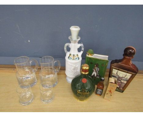 Ceramic Whisky bottles (empty), 2 miniatures and a pair of glass jugs with glasses as lids&nbsp;