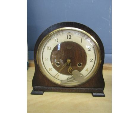 Smiths Enfield oak mantle clock with key