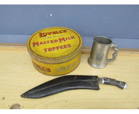 Kukri knife, vintage toffee tin and naked lady beer tankard&nbsp;