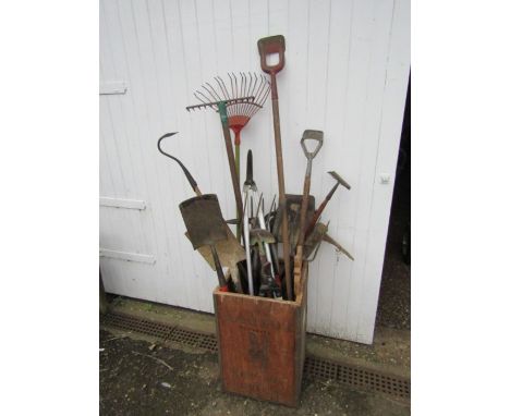 Garden tools to include shovels and forks etc in vintage tea chest&nbsp;