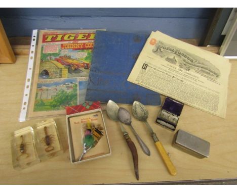 Collectors lot- insect paperweights, vintage razor, Royal ephemera, vintage Tiger comic, etc
