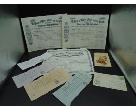 Various share certificates to incl Bank of China, Japan and the Straits dated 1893 with installment receipts dated 1893/1894 