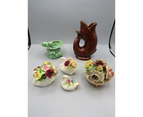 Sylvac hat vase. Dartmoor pottery gurgle jug and 4 ceramic floral bouquet swans&nbsp; inc 3 swans