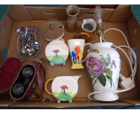 Collectors lot - to include 'past times' china items, a pair of cased binoculars, Portmeirion china lamp base, souvenir spoon
