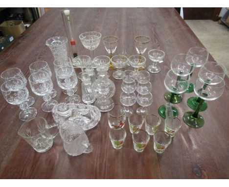 Hock glasses, shooting scene shot glasses and other various vintage glasses in 2 fruit trays