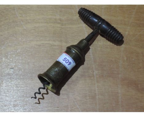A 19th century Thomason style brass barrel corkscrew labelled 'Patent' having turned wood handle