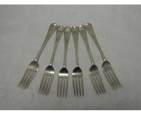 A set of six silver dessert forks of plain form monogrammed R to terminals, London 1924, Josiah Williams &amp; co, approx 296