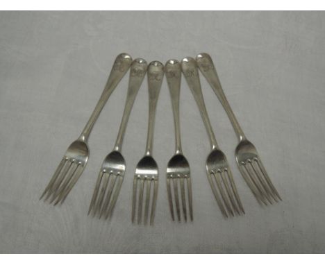 A set of six silver dessert forks of plain form monogrammed R to terminals, London 1924, Josiah Williams &amp; co, approx 296