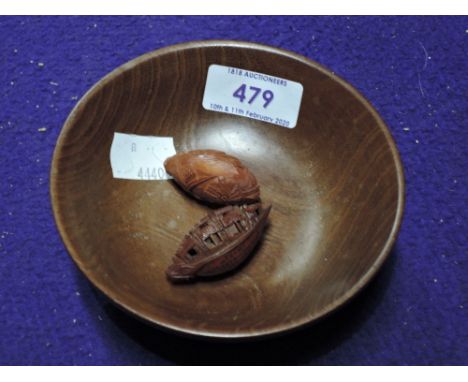 Two traditional treen ojime having carved and script decoration and a treen bowlCONDITION REPORT - CONDITION OKAY, FEW LIGHT 