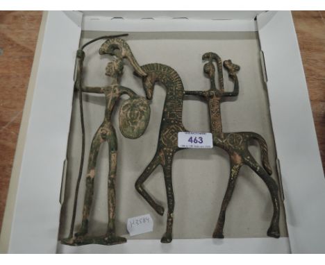 Two cast brass Romanesque style figures modelled as horse and warriers