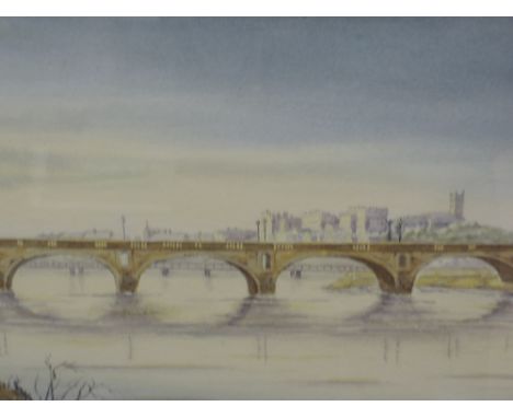 A watercolour, B R Ashworth, Lancaster, landscape, Dawn over Lune, signed and attributed verso, 10in x 17.5in