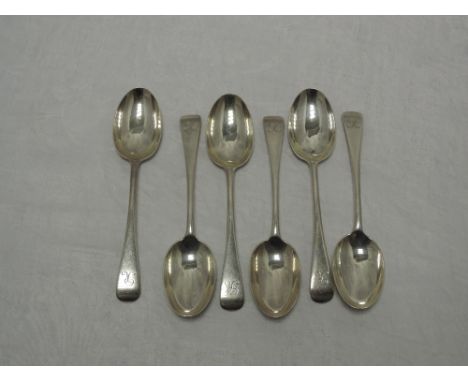 A set of six silver dessert spoons of plain form monogrammed R to terminals, London 1924, Josiah Williams &amp; co, approx 29