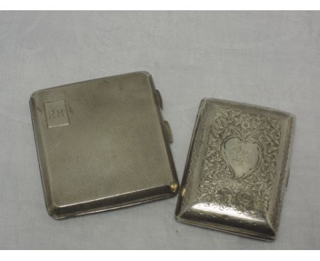Two HM silver cigarette cases having engine turned and engraved foliate decoration, approx 160g