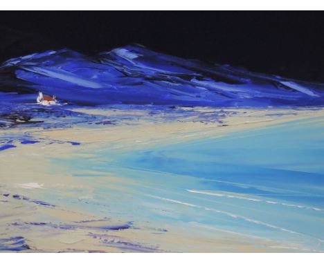 An oil painting on board, Duncan MacGregor, coastal seascape, in blue, signed, 17in x 23in
