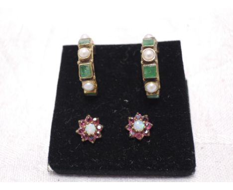 A pair of split pearl and emerald style hoop stud earrings in yellow metal mounts and a pair of opal and a pair od opal and r