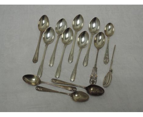 A set of six silver coffee spoons having architectural moulded terminals, Birmingham 1936, Deakin &amp; Francis,and a selecti