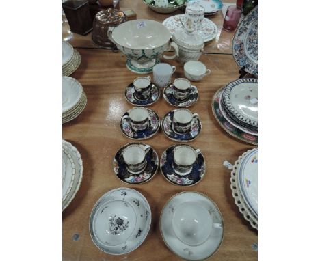 A selection of 19th century ceramics including Prattware style fruit bowl, Booths scale blue coffee cans, Worcester etc