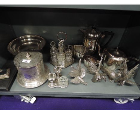 A selection of silver plate including Pheasant ornaments, biscuit barrel, tea set, cruet set, cased Mappin &amp; Webb jam spo