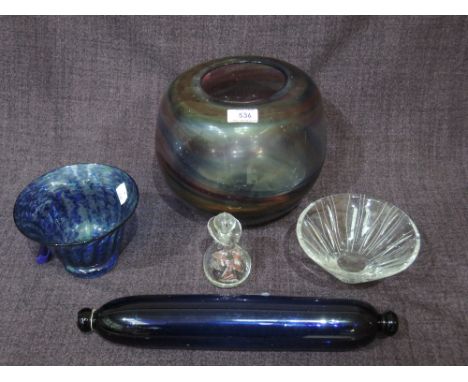 An Art glass vase attributed to Bernard Dean Walmsley, of swirl design, a Jane Charles vase of blue mottled design, a Lichfie