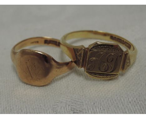 Two 9ct gold signet rings, one bearing monogram, sizes R &amp;W &amp; approx 7.2g