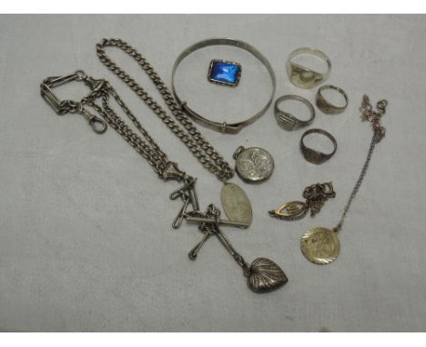 A small selection of HM silver and white metal jewellery including St Christopher pendant, Christening bangle, watch chain, B