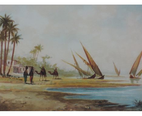 A watercolour, R Marchellini, Egyptian Nile landscape, signed, 8in x 12in