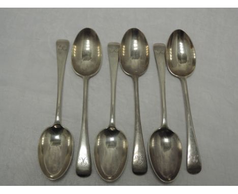 A set of six silver table spoons of plain form monogrammed R to terminals, London 1924/28, Josiah Williams &amp; co, approx 4