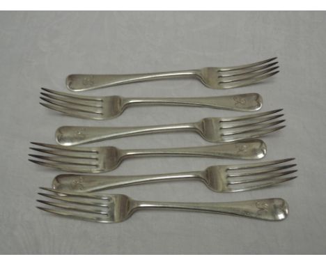 A set of six silver table forks of plain form monogrammed R to terminals, London 1924/28, Josiah Williams &amp; co, approx 45