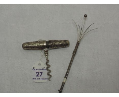 A silver travel cork screw stamped sterling having engraved foliate decoration, Gourdel Vales &amp; Co, and a white metal dri