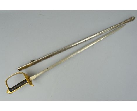 A MILITARY STYLE OFFICERS SWORD, possibly a reproduction of an earlier design, grip is gold coloured alloy with an ornate etc