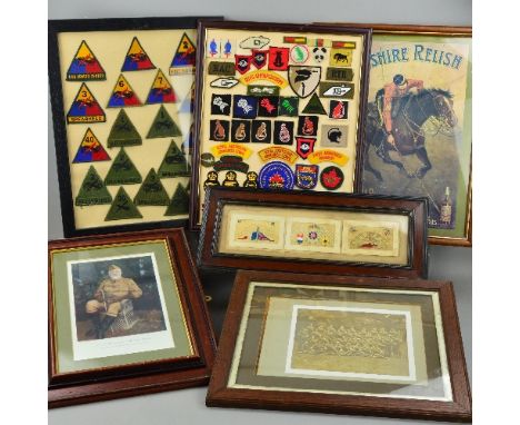 A BOX CONTAINING A LARGE FRAME OF MOUNTED PATCHES, relating to Tank Regiments/RAC etc, approximately 50 in number, a large fr
