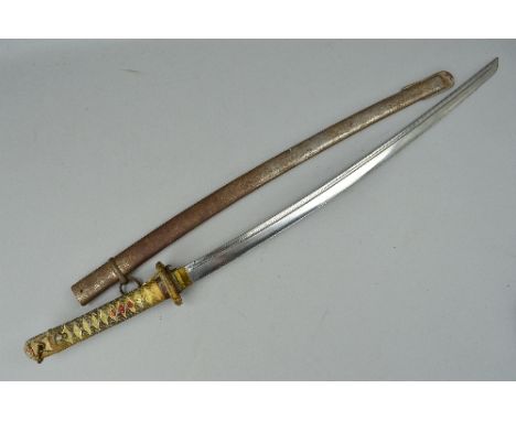 A JAPANESE SAMURI STYLE CURVED SWORD WITH METAL SCABBARD, handle/grip is light metal coloured alloy with flower and diamond d