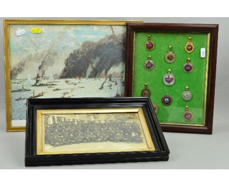 THREE GLAZED FRAMES, to include a group of soldiers in uniform, WWI era, all believed to be R.A.M.C., glazed frame with print