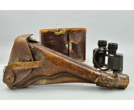 A GERMAN IMPERIAL ARMY WWI LEATHER PISTOL HOLDER/HOLSTER AND WOODEN BACK PLATE, brown leather with the maker mark, Meyer & Ab