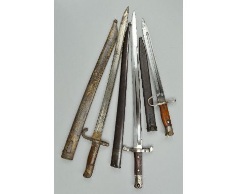 THREE MILITARY BAYONETS, with written information on stickers to scabbards, Thailand 1908 pattern hilt based on Japan 1897 ba