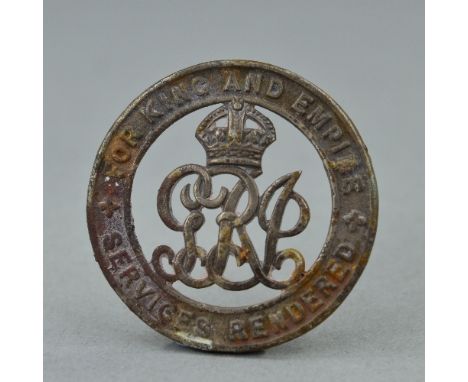A WWI FOR KING & EMPIRE SERVICE RENDERED BADGE, pin missing, numbered 277710, records show issued to a George W Haystead, tog