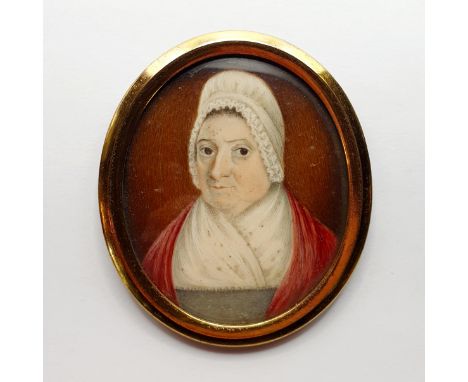 A 19th century portrait miniature of an old lady, in a gilt metal frame, 7 x 6 cm, Ivory Exemption certificate ref: EHKXWNAX
