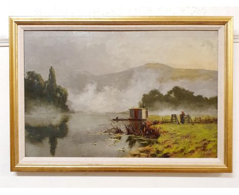 R Half Knight, landscape, with figure, oil on canvas, signed, 50 x 74 cm

 